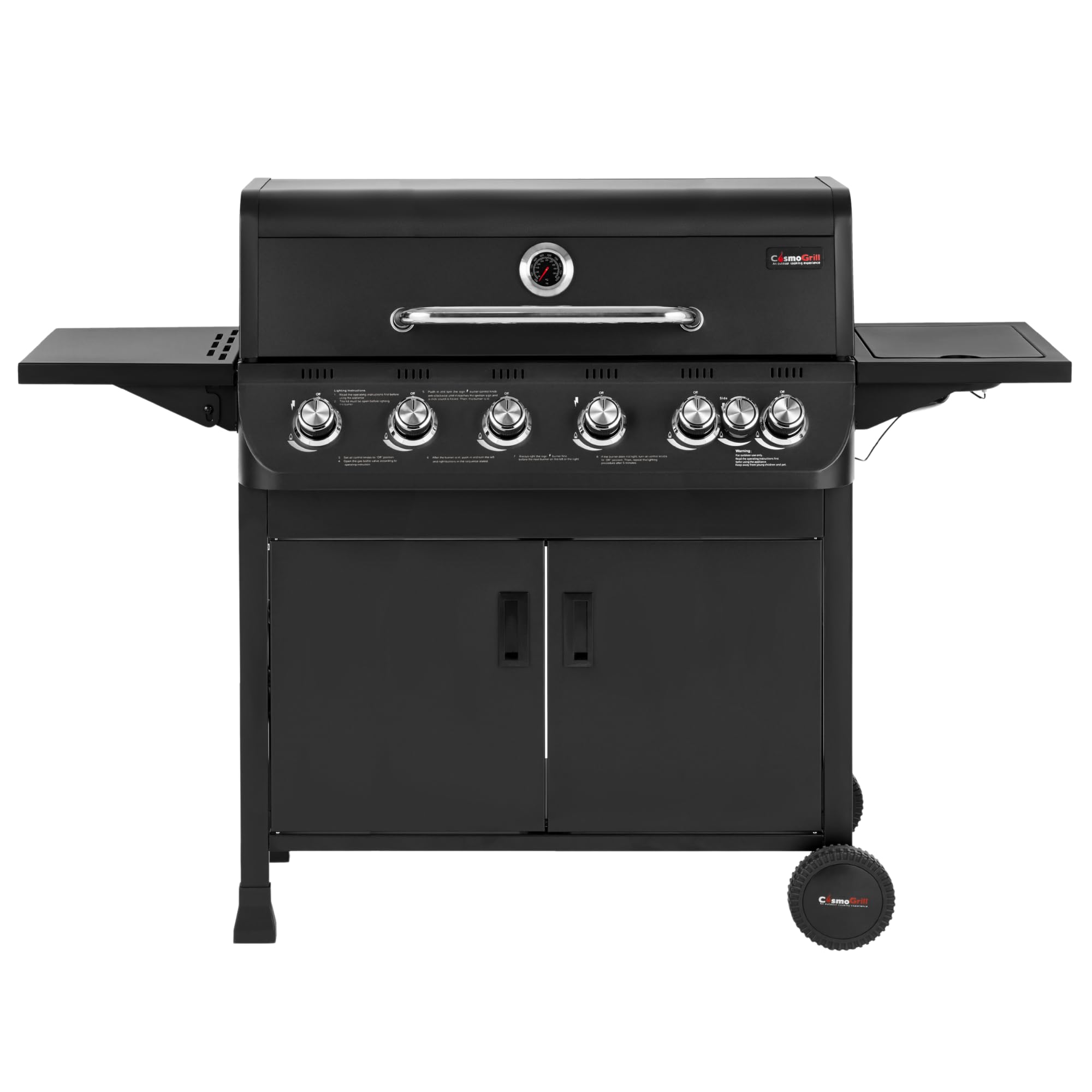 CosmoGrill NEW Emberr 7 Gas Burner 6+1 Barbecue Grill, Porcelain Warming Rack, Propane Gas Regulator Hose, Side-Burner, Storage, Wheels Built-in Temperature Gauge for Home Garden Party Outdoor Cooking