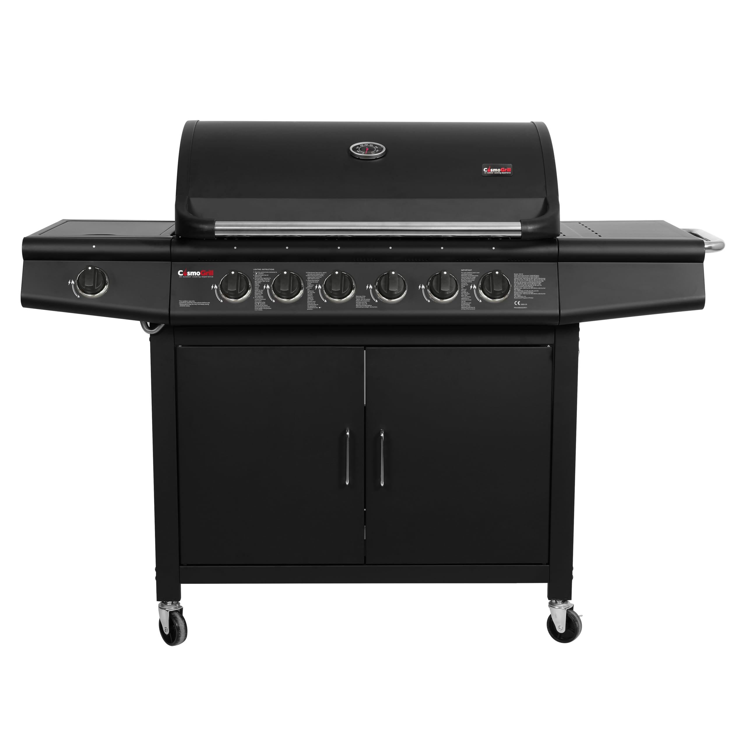 CosmoGrill Pro Deluxe 7 Gas Burner 6+1 Barbecue Grill Steel Warming Rack, Side-Burner, Built-in Temperature Gauge for Home Garden Party Outdoor Cooking (Black)