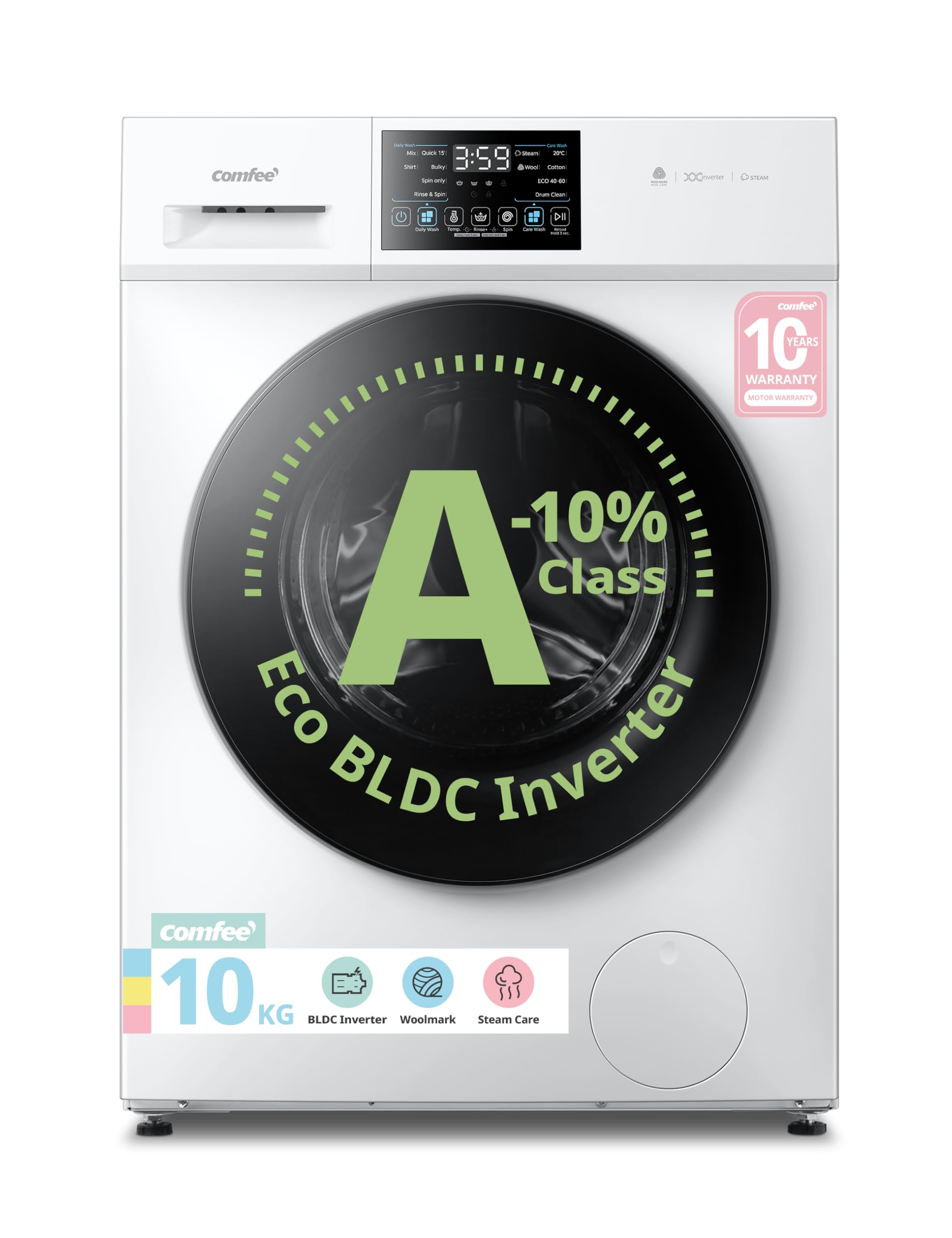 COMFEE' Freestanding Washing Machine,10KG Load,A-10% Class, 1400RPM, Steam Care,BLDC Motor,Woolmark,Touch Panel,White-CFP03EW100W-UK