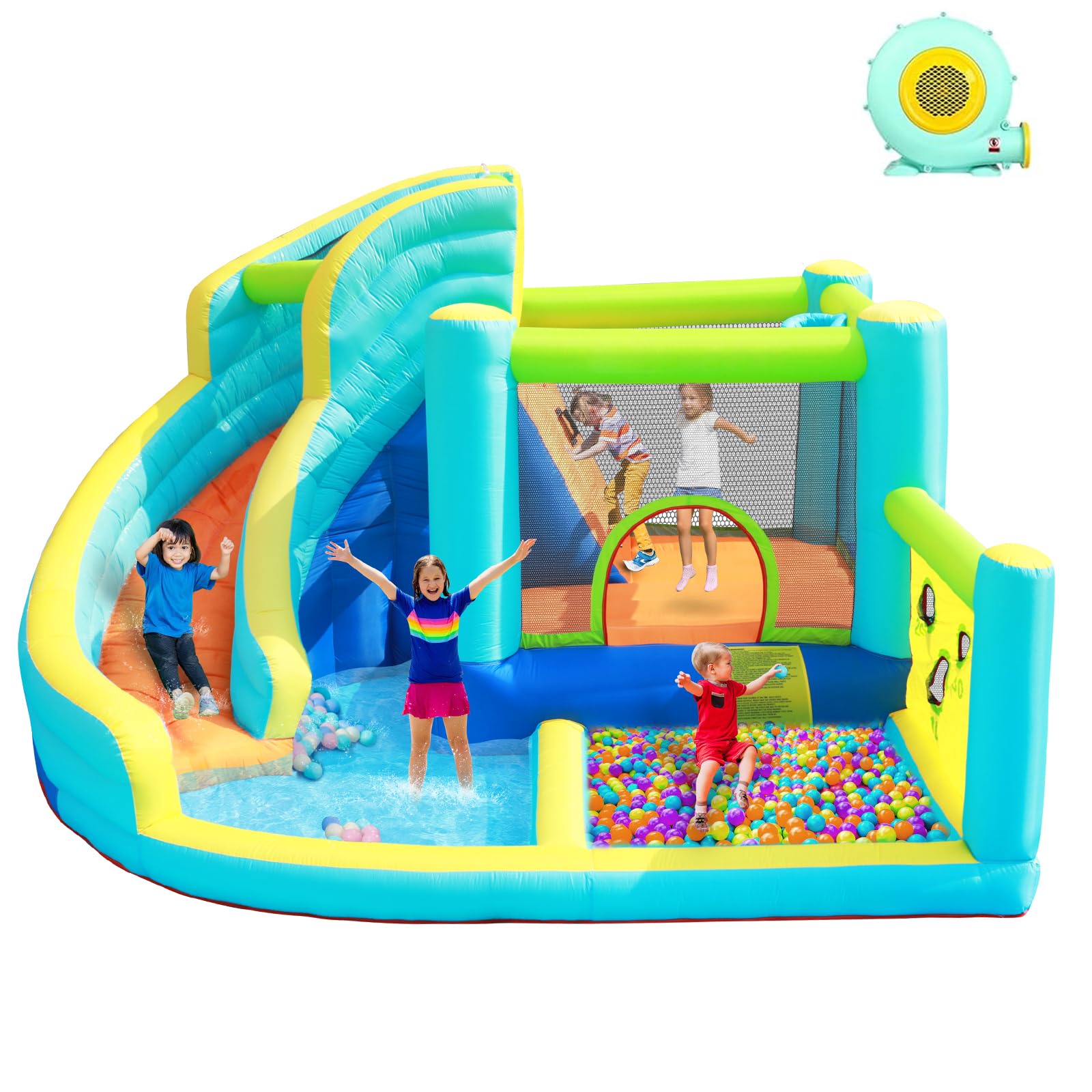 Inflatable Bouncy Castle Water Park with Slide Sprayer Trampoline Climbing Wall & Basketball Hoop, Includes Air Blower, Outdoor Indoor Bounce House for Kids Toddlers, Holds Up to 5 Children