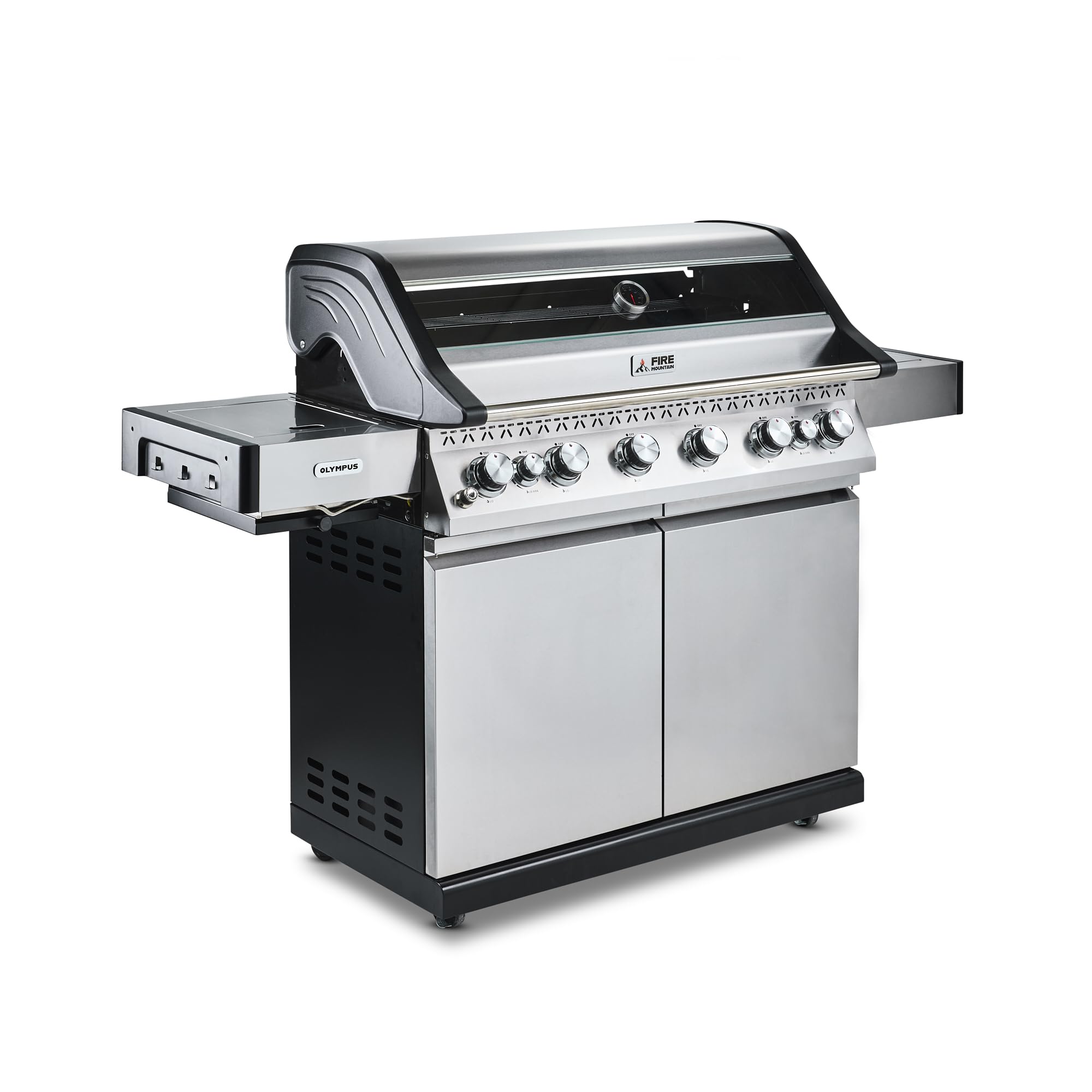 Fire Mountain Olympus 8 Burner Gas BBQ, Stainless Steel Barbecue Cast Iron Grill, Glass Viewing Lid, Side Burner & Built-In Temperature Gauge, Extra Large Outdoor Grill for Garden Parties & Patio