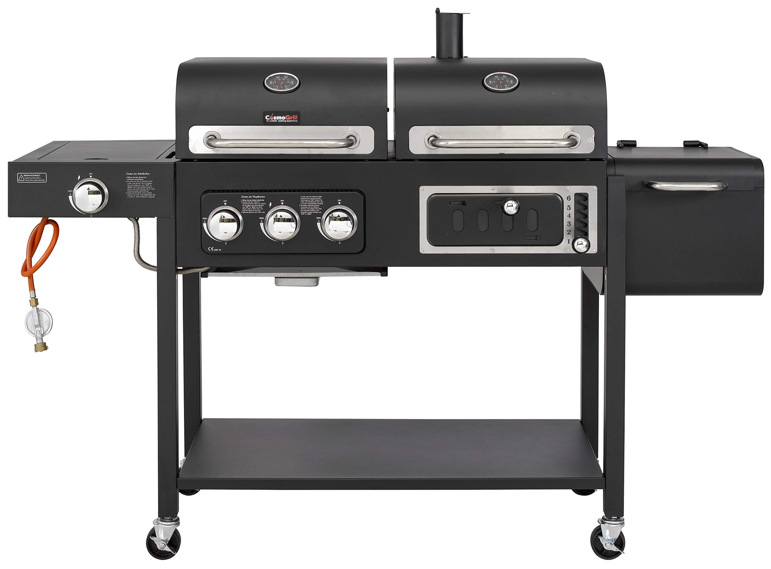 CosmoGrill Hybrid 4 Burner Barbecue DUO Dual Fuel BBQ 3+1 Gas Grill & Charcoal Smoker BBQ Grill, Built-in Thermometer, Warming Rack, Outdoor Portable Large Coal Barbecue for Home Garden Party Cooking.