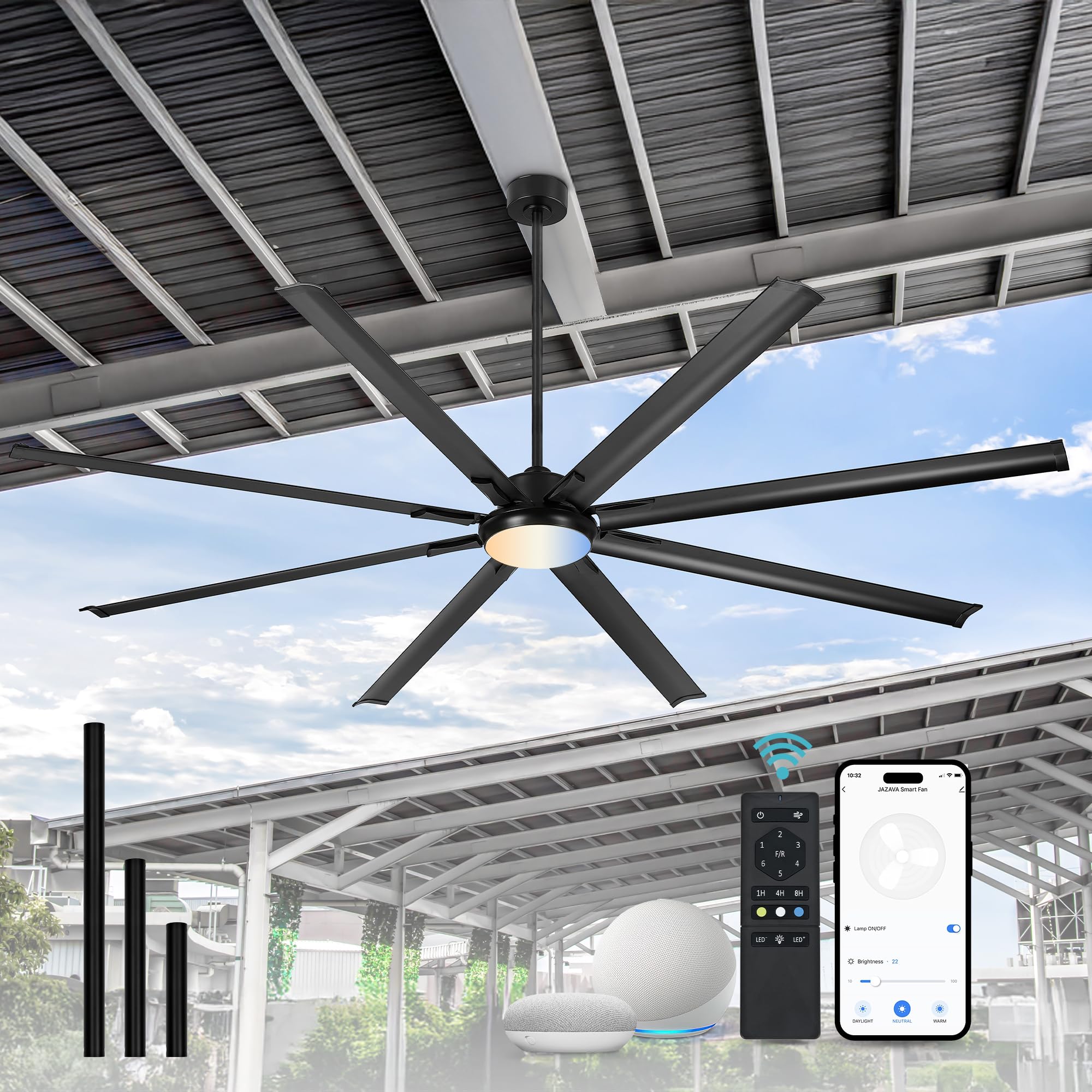 JAZAVA 96-Inch Industrial Ceiling Fan with Lights and Remote - Extra Large Indoor Fan with 8 Aluminium Blades,Smart Fan Works with Voice Control,Model:ZCCF04BK-96