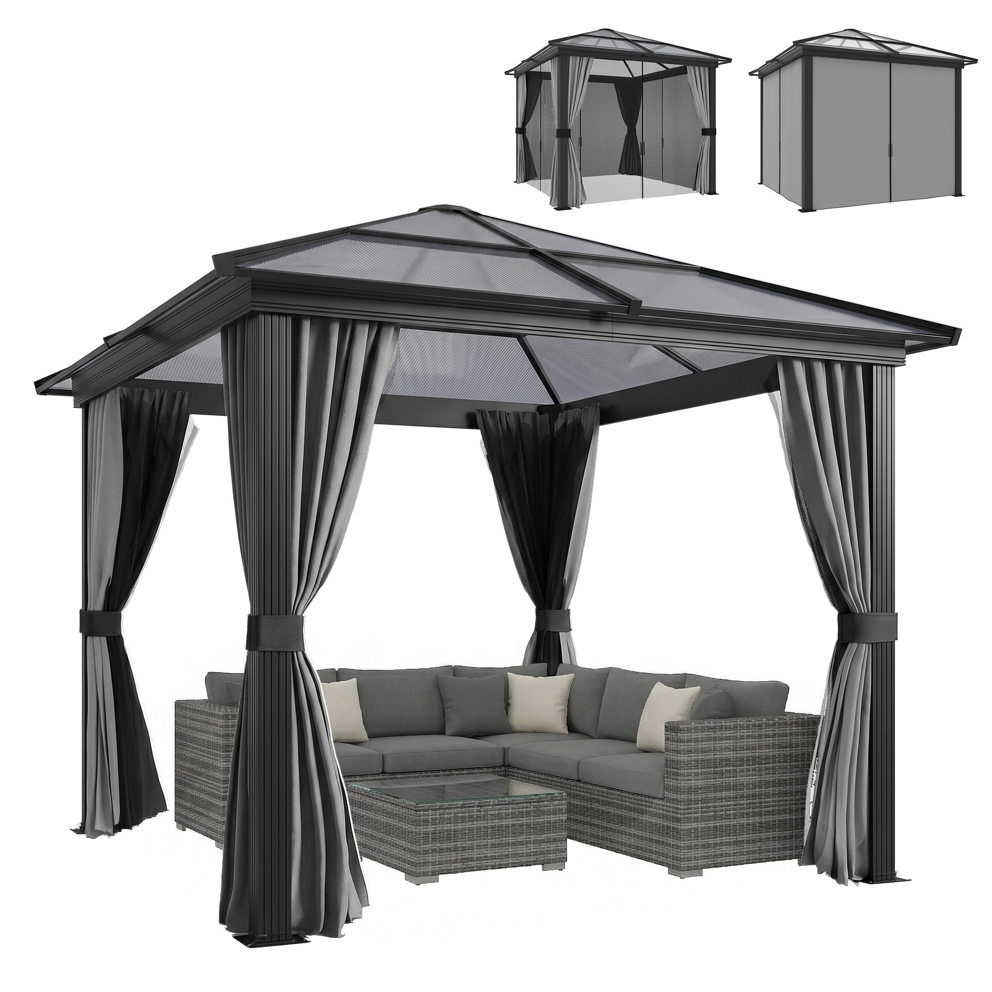 Outsunny 3 x 3(m) Hardtop Gazebo with UV Resistant Polycarbonate Roof & Aluminium Frame, Garden Pavilion with Mosquito Netting and Curtains Black
