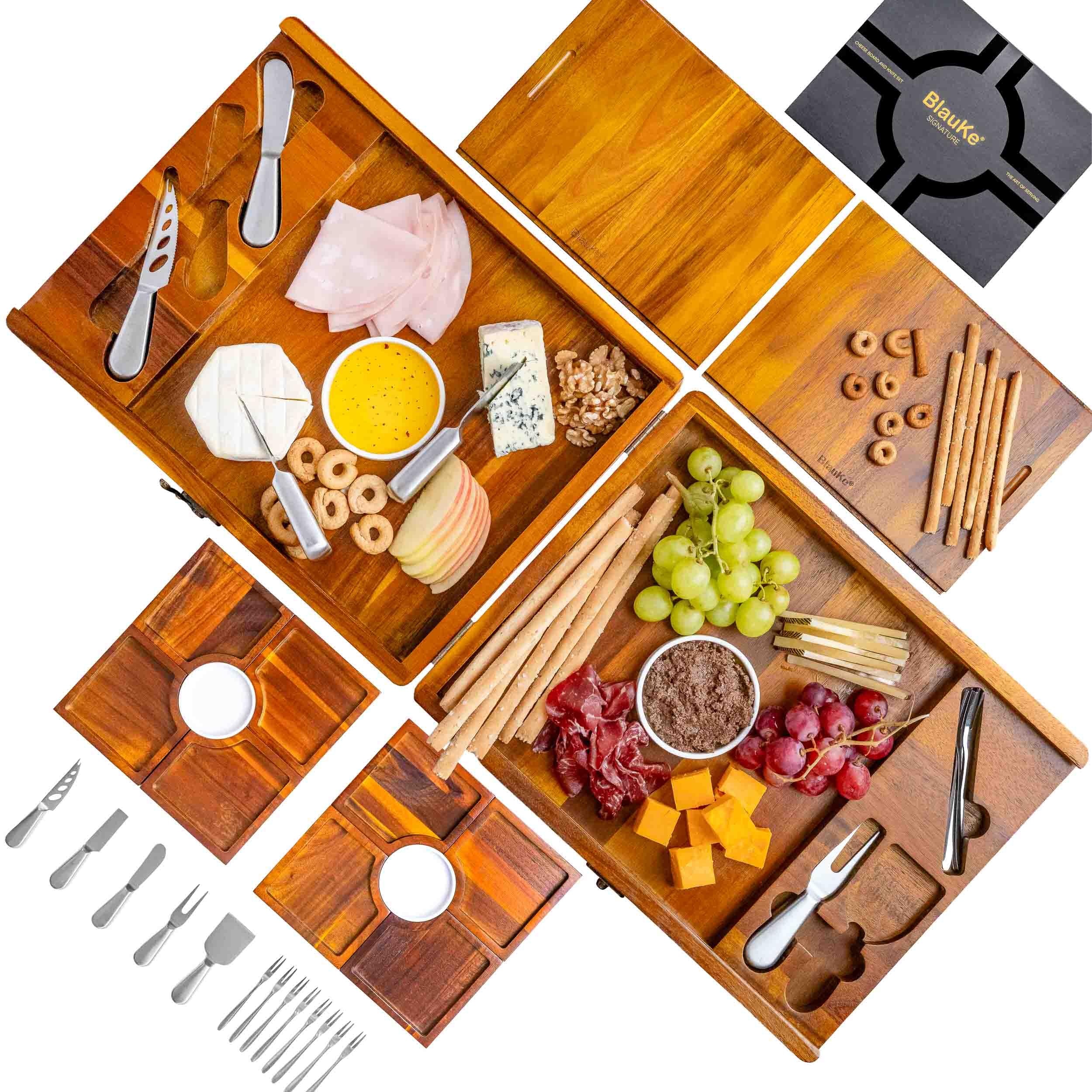 Wooden Cheese Board and Knife Set for Big Parties - Large Wooden Serving Board/Tray of Acacia, an Upgrade from Bamboo Charcuterie Boards - Serving Platters with Cheese Knives - Any Occasion Gift Set